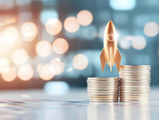stack of coins with shining golden rocket beside it symbolizes financial growth and ambition. blurred background adds dynamic feel to image, enhancing its inspirational tone