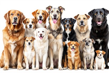 Group of diverse dogs sitting together on a white background.