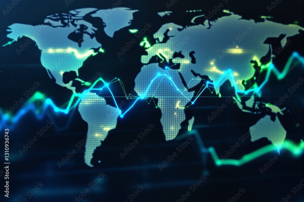 Poster global financial market chart with glowing lines and world map.