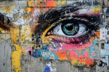 Fototapeta premium urban poetry layered street art murals with vibrant spray paint textures, stencil work and wheat paste elements creating dynamic visual narrative on weathered concrete wall
