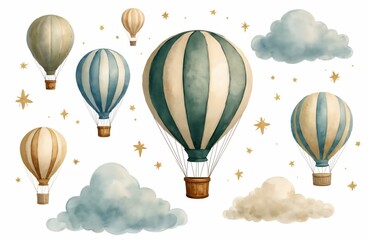 Obraz premium Watercolor illustration of hot air balloons and clouds in sky. Retro airships with basket, stripes. Travel, adventure, journey, freedom design. Isolated decor element for print design, backgrounds.