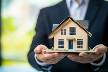 Businessman Holding Model House in Hands with Green Background