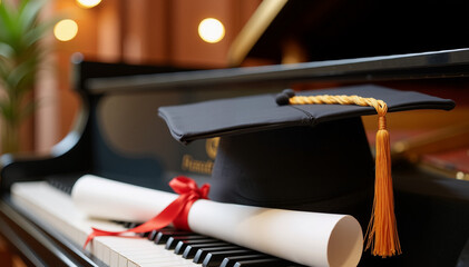 Graduation Cap and Diploma on Piano Keys
