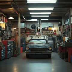 Vintage Car Mechanic Garage Workshop with Classic Automobile Tools and Nostalgic Charm