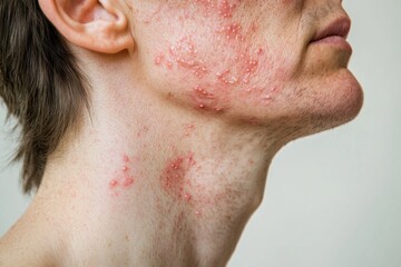 Close-up of Skin Condition with Red Acne and Irritation on Neck
