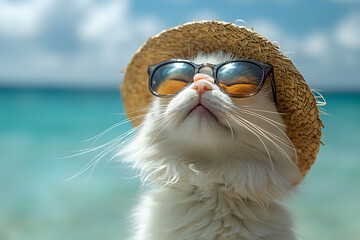 cat with sunglasses, and hat on beach  background. Summer concept.