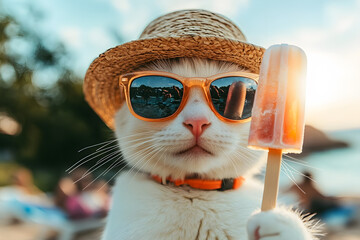 cat with popsicle, sunglasses, and hat on beach background. Summer concept.
