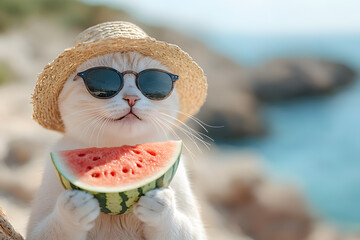 cat with watermelon, sunglasses, and hat on beach background. Summer concept.