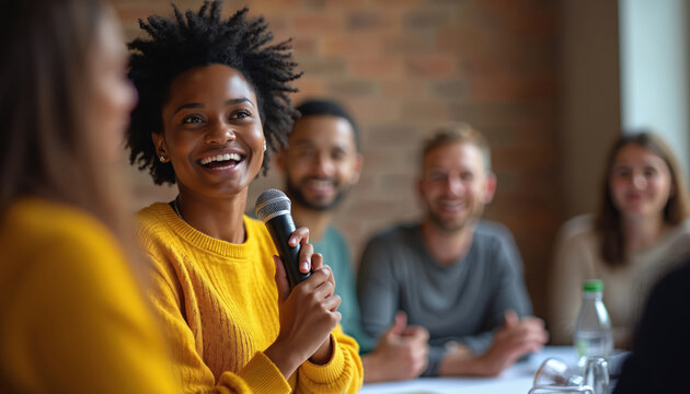 Smiling woman leads panel discussion, speaks into microphone in yellow sweater. Diverse team at business conference, seminar, workshop. Teamwork collaboration networking concept. Pro communication,