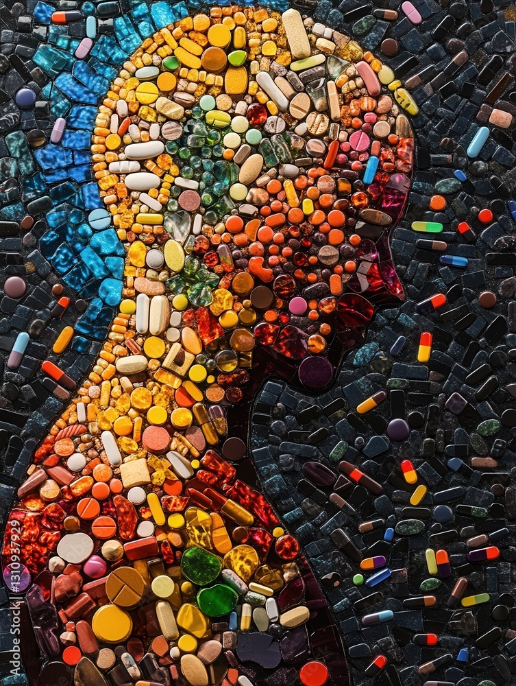 Poster intricate mosaic of colorful pills forming a human silhouette with detailed artistic arrangement gen