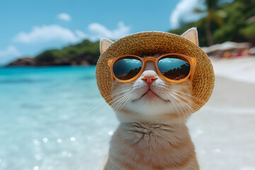 cat with sunglasses, and hat on beach background. Summer concept.