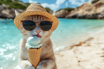 cat with ice cream, sunglasses, and hat on beach background. Summer concept.