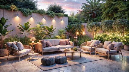 Fototapeta premium Tranquil Evening Patio Oasis Luxurious Outdoor Furniture Arrangement with Warm Lighting and Lush Greenery