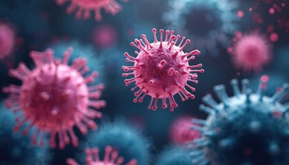 Close-up view of virus cells. Microscopic image of cancer cell structure for medical research. Medical illustration, healthcare treatment, virology, oncology. Fight infection, viral disease. 3d cell