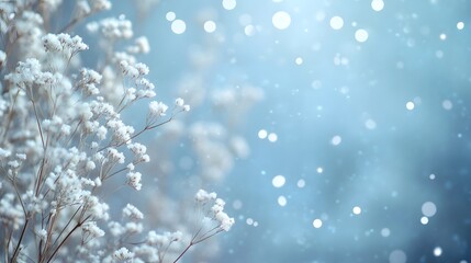 Delicate white flowers with softly blurred snow like effects adorn scene