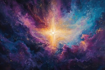 vibrant abstract painting depicting the cosmos with a luminous cross radiating light through swirling nebulae of purples, blues, and golds, symbolizing divine presence in creation