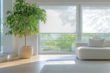 Large potted ficus tree in bright living room. Ideal for interior design, home decor, and plant themes.