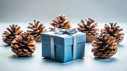 Fototapeta premium A small, elegantly wrapped gift box sits amidst a cluster of pine cones, creating a festive and serene winter scene.