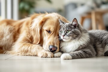 Golden retriever and cat cuddling together.