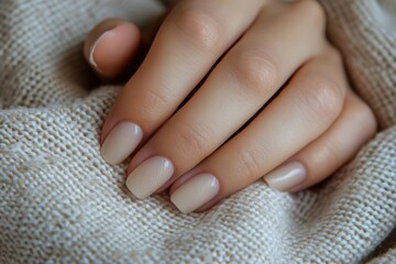 Soft Neutral Nail Art on Beautiful Hand Resting on Cozy Fabric