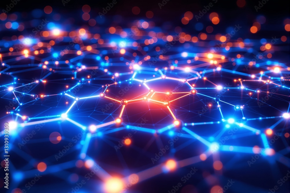 Poster abstract glowing network connections with bright blue and orange lights on dark background. concept 