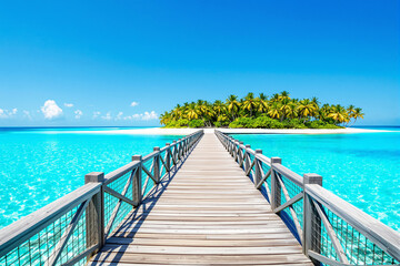 Fototapeta premium Stunning wooden pier leading to tropical island with palm trees surrounded by crystal clear waters and a bright sky.