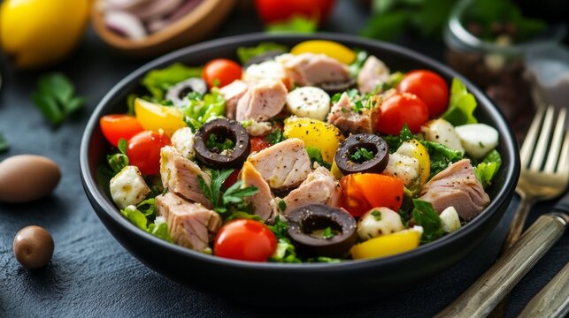 Fresh ingredients come together in this vibrant Nicoise salad, showcasing juicy tomatoes, tender tuna, and olives on a rustic table, echoing sunlit French markets and culinary heritage