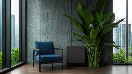 Modern Interior with Blue Chair and Large Green Plant in Room