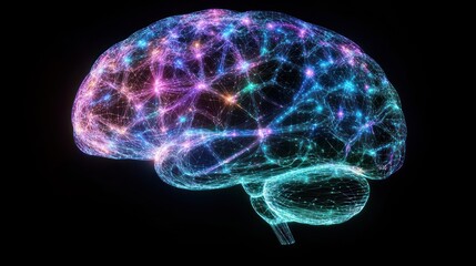 Glowing brain neural network, dark background, medical illustration