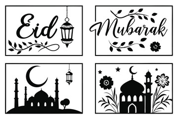 elegant eid al-fitr black and white design featuring four decorative panels with islamic elements including mosque domes, lanterns, crescent moon, floral motifs, and festive typography