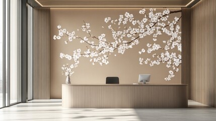 Fototapeta premium Modern minimalist reception area with blossom wall art, office interior design