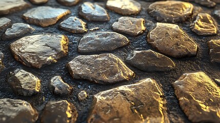 A close-up of textured, irregular stones with a shiny surface, resembling a cobblestone path.