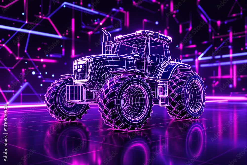 Poster neon wireframe tractor with glowing lines on futuristic grid background.