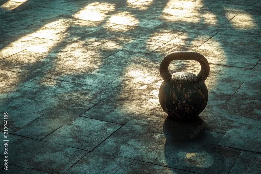 Poster Kettlebell resting on gym floor in soft light with space for text in the top left corner Generative AI