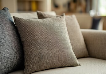 A gray and tan pillow sits on a couch