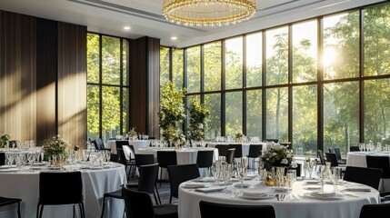 Modern banquet hall with refined decor sleek black chairs, white table settings, and a gold chandelier. Large windows invite natural light and a view of trees