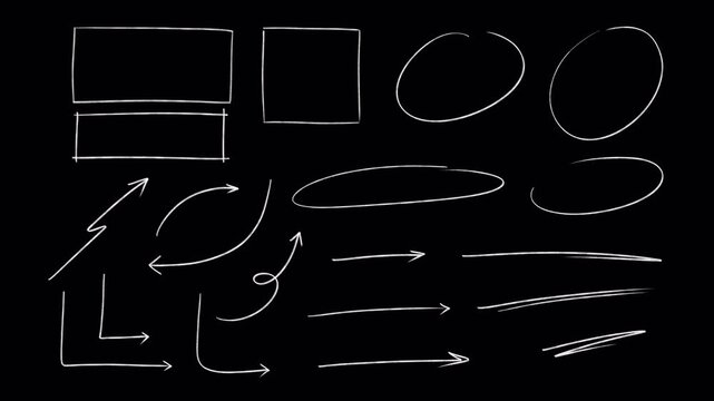 A Set of Pencil thin line art, boxes, circles, arrows: Hand-drawn animation of pencil crayon, rough chalk underline, long round, sketching elements on a transparent bg