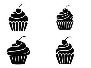 Cupcake Silhouette with Cherry on Top – Bakery and Dessert Icon Vector