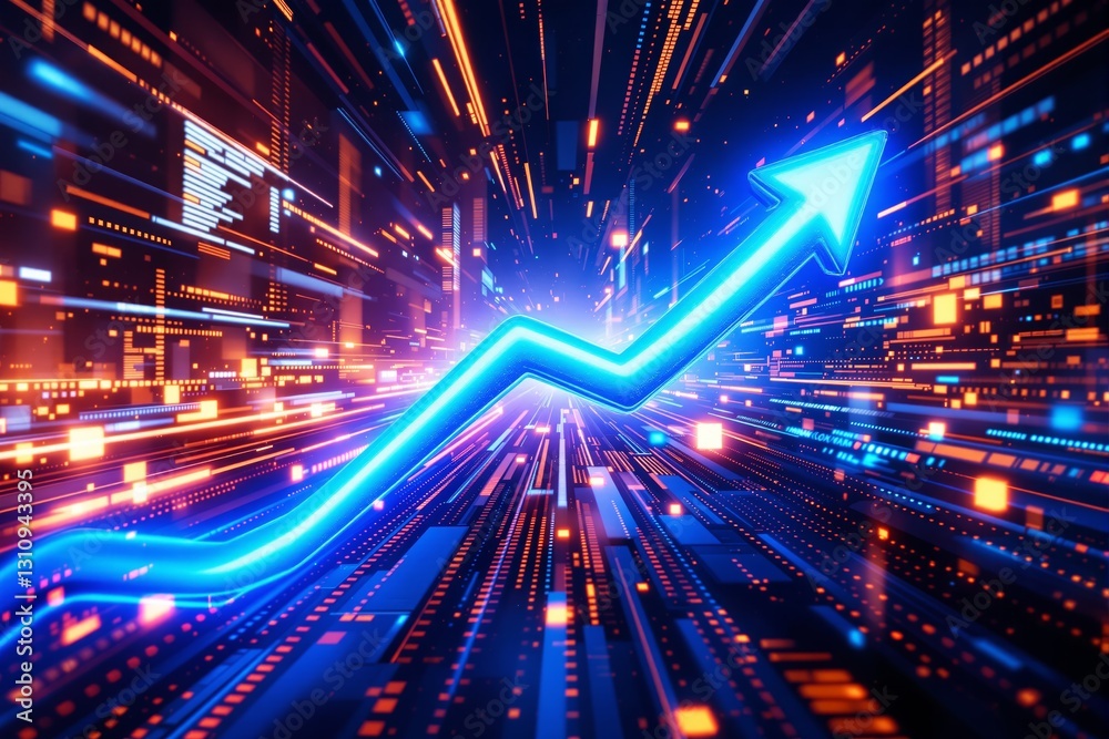 Aufkleber bright glowing arrow pointing upwards amidst dynamic digital background with vibrant lights and futu