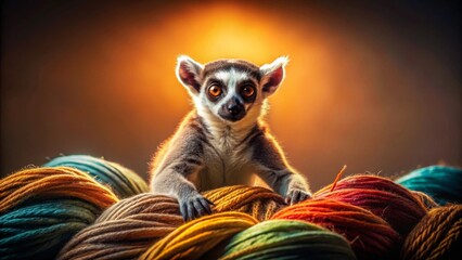 Fototapeta premium A curious ring-tailed lemur playfully interacts with a vibrant collection of colorful yarn balls, bathed in warm, golden light.