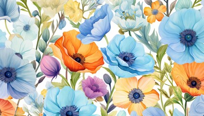Vibrant and colorful illustration of various flowers, including blue, orange, and yellow blooms on white background.