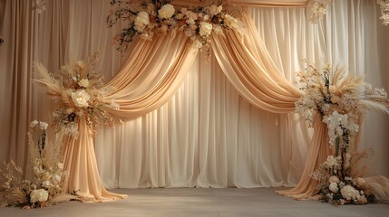 Beautiful event backdrop with drapery and floral decorations present