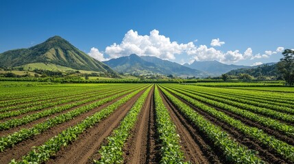 Lush green fields stretch towards distant mountains under a clear blue sky, showcasing a vibrant agricultural landscape.