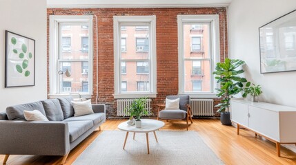 Fototapeta premium Bright and Stylish Living Room with Exposed Brick and Greenery