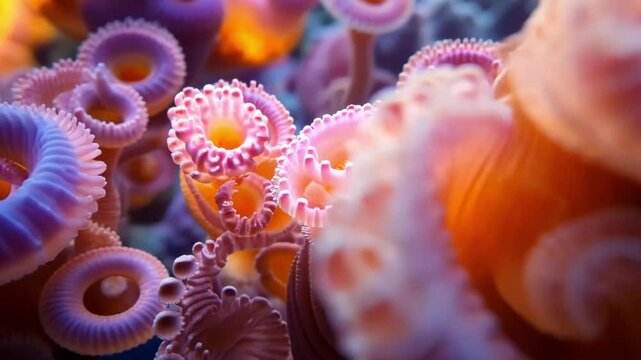Vibrant coral formations in an aquarium, close-up view, displaying intricate details. Possible use Nature photography, education