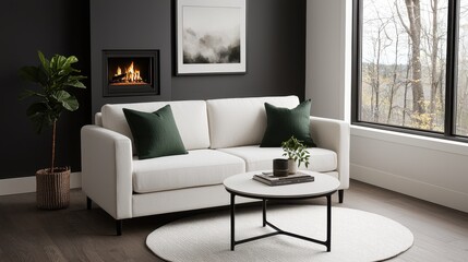 Modern Living Room Design with Cozy Fireplace and Green Accents