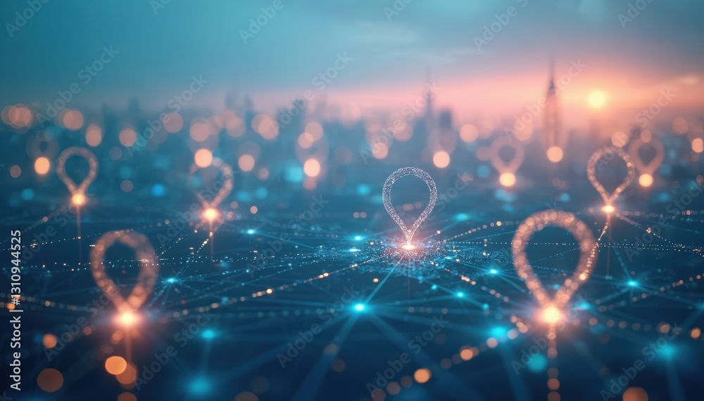 Poster Digital cityscape illustration with glowing location markers connected by lines, represents network connections. Urban scene shows cyberspace communication, digital datum signals. Modern global