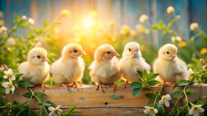 Naklejka premium Adorable fluffy chicks perched on weathered wood amidst blooming springtime flora, bathed in soft golden sunlight