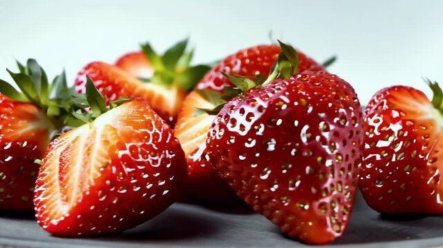 Fresh juicy red strawberries arranged artistic pattern showcasing their vibrant color delicious texture ultra high definition video 4K video footage