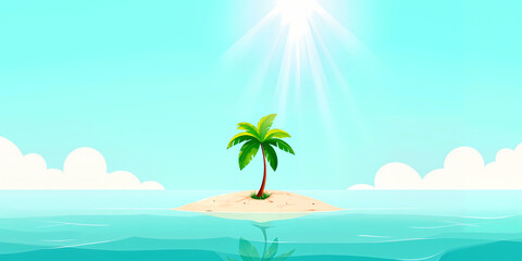 Obraz premium Small tropical island with a single green palm tree surrounded by calm blue ocean under the bright sun, symbolizing isolation, travel, and paradise retreat.